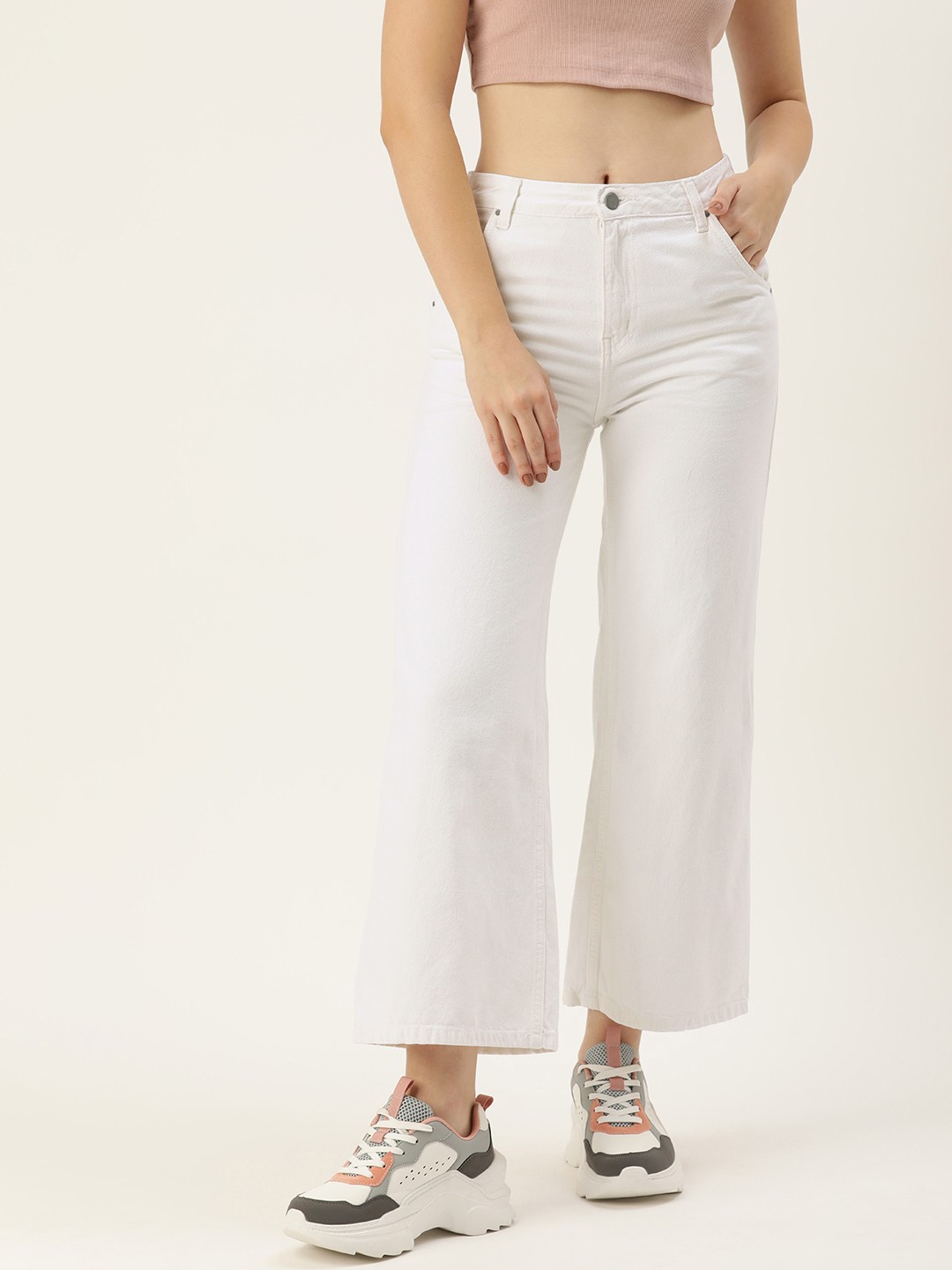

Mast & Harbour Women Flared High-Rise Stretchable Jeans, White