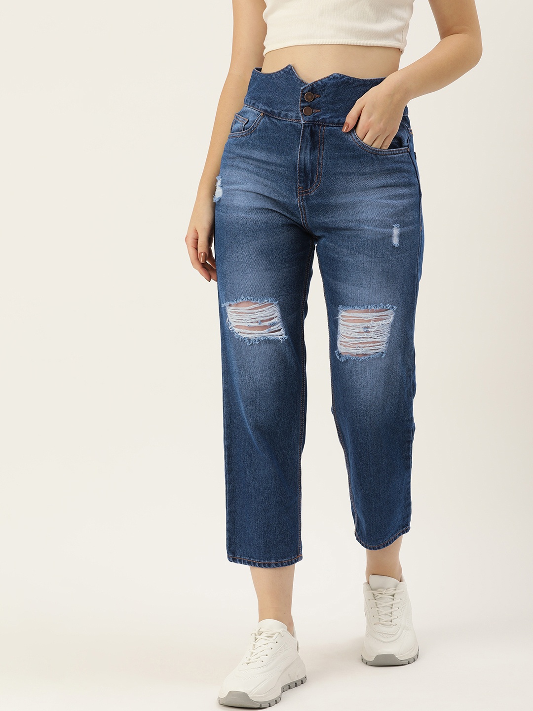 

Mast & Harbour Women Relaxed Fit High-Rise Mildly Distressed Light Fade Stretchable Jeans, Blue