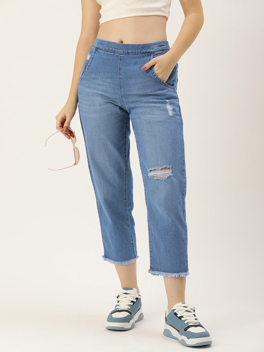 

Mast & Harbour Women Relaxed Fit Mildly Distressed Stretchable Jeans, Blue