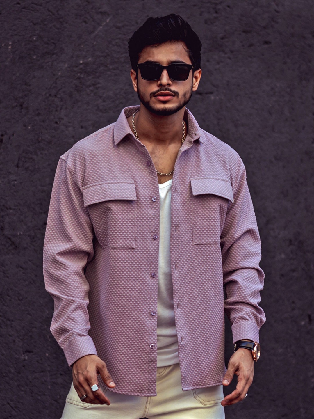

Powerlook India Slim Textured Opaque Oversized Casual Shirt, Pink