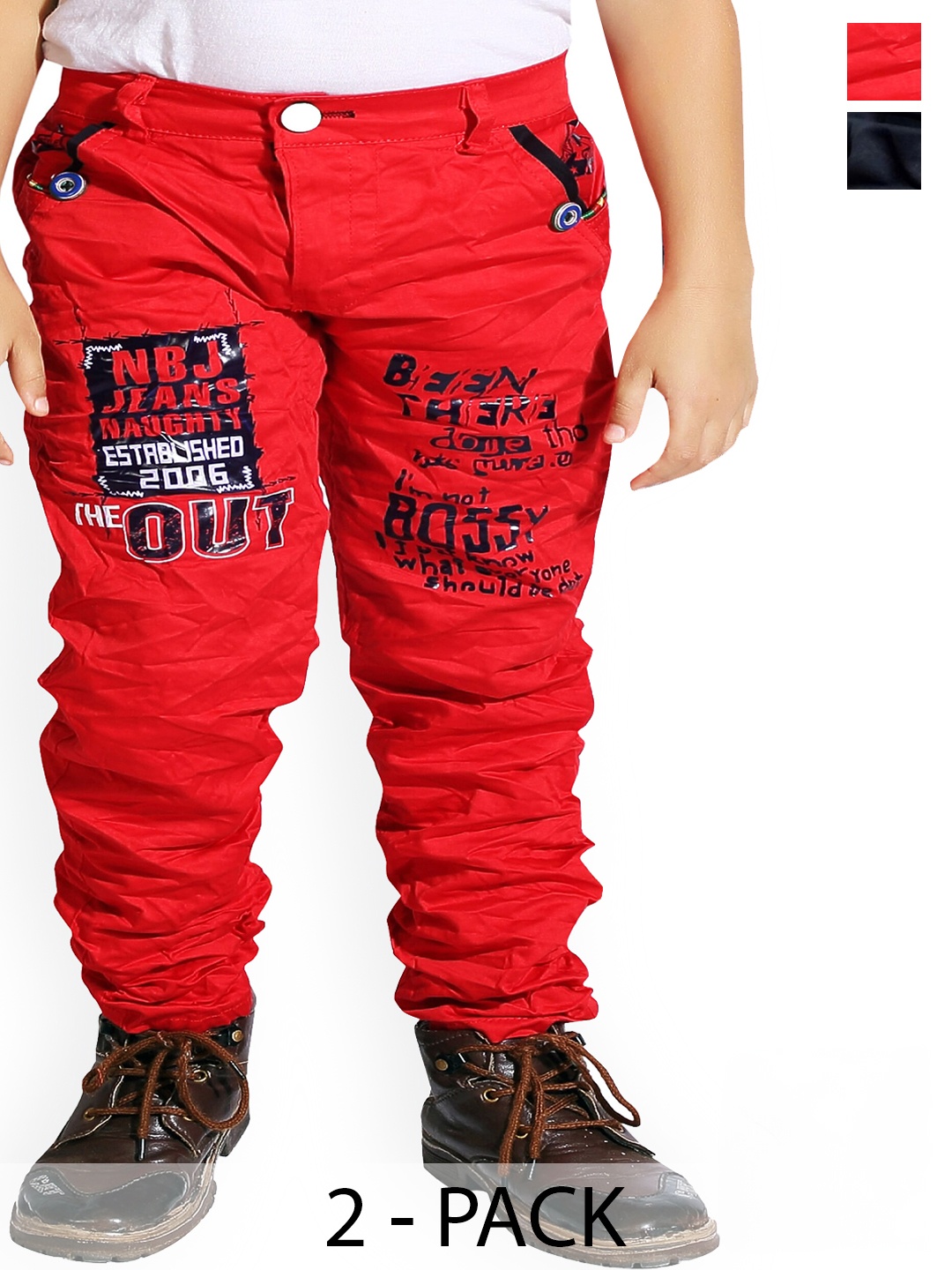 

BAESD Boys Pack Of 2 Typography Printed Mid-Rise Slim Fit Plain Cotton Trousers, Red