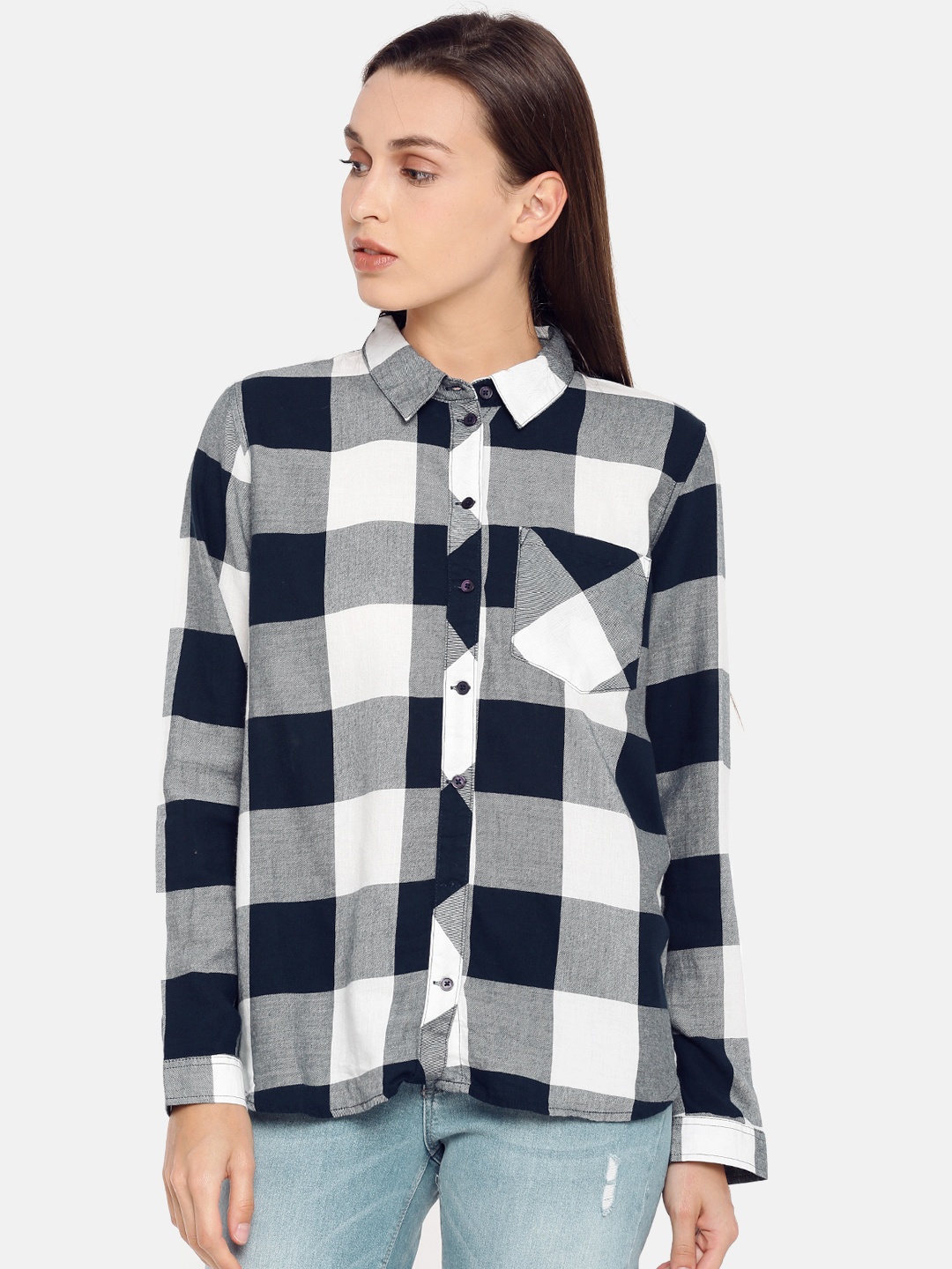 

ONLY Women Navy & White Boxy Checked Casual Shirt, Navy blue