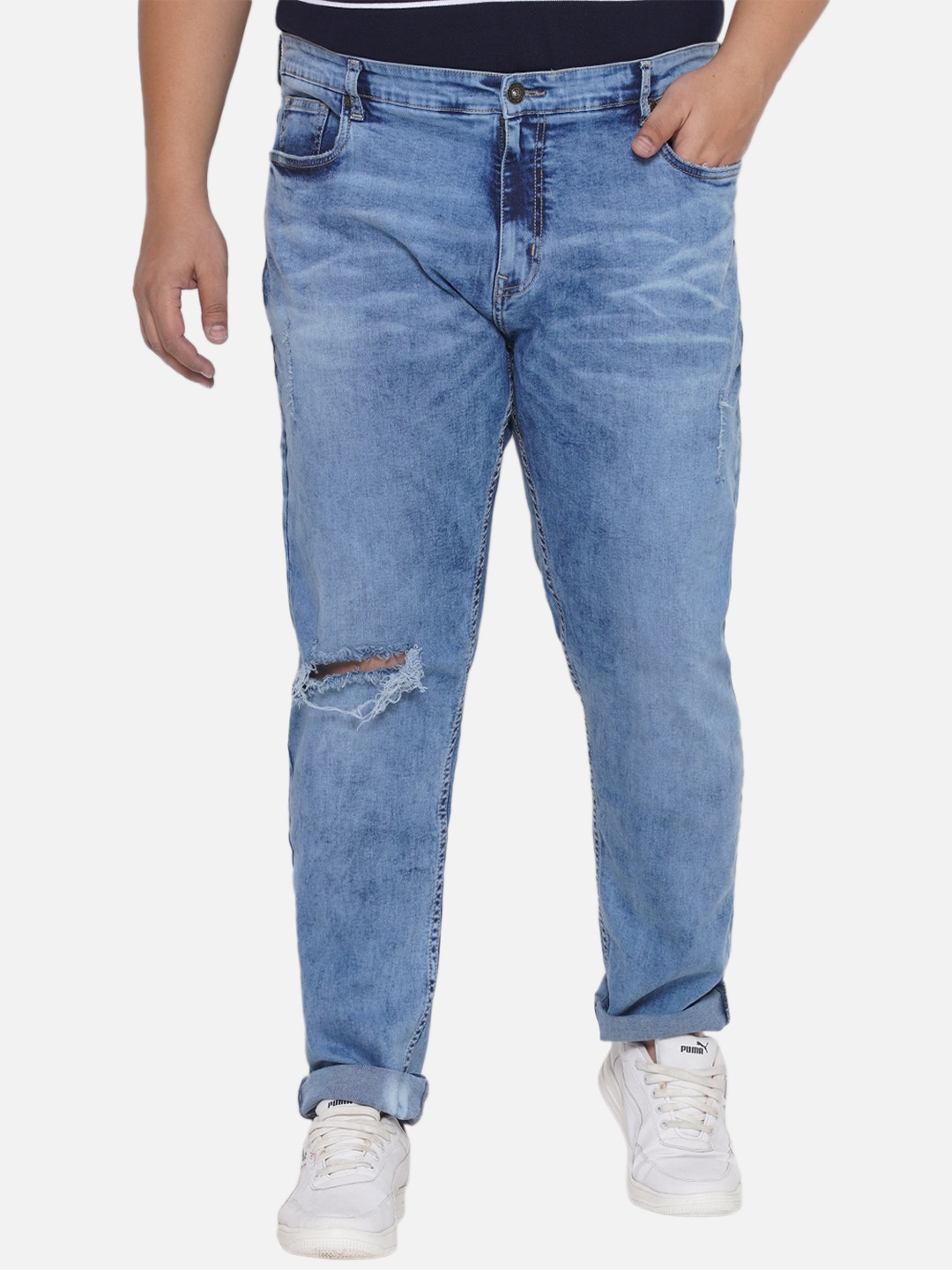 

Santonio Men Classic Slash Knee Mid-Rise Heavy Fade Stretchable Jeans, Blue