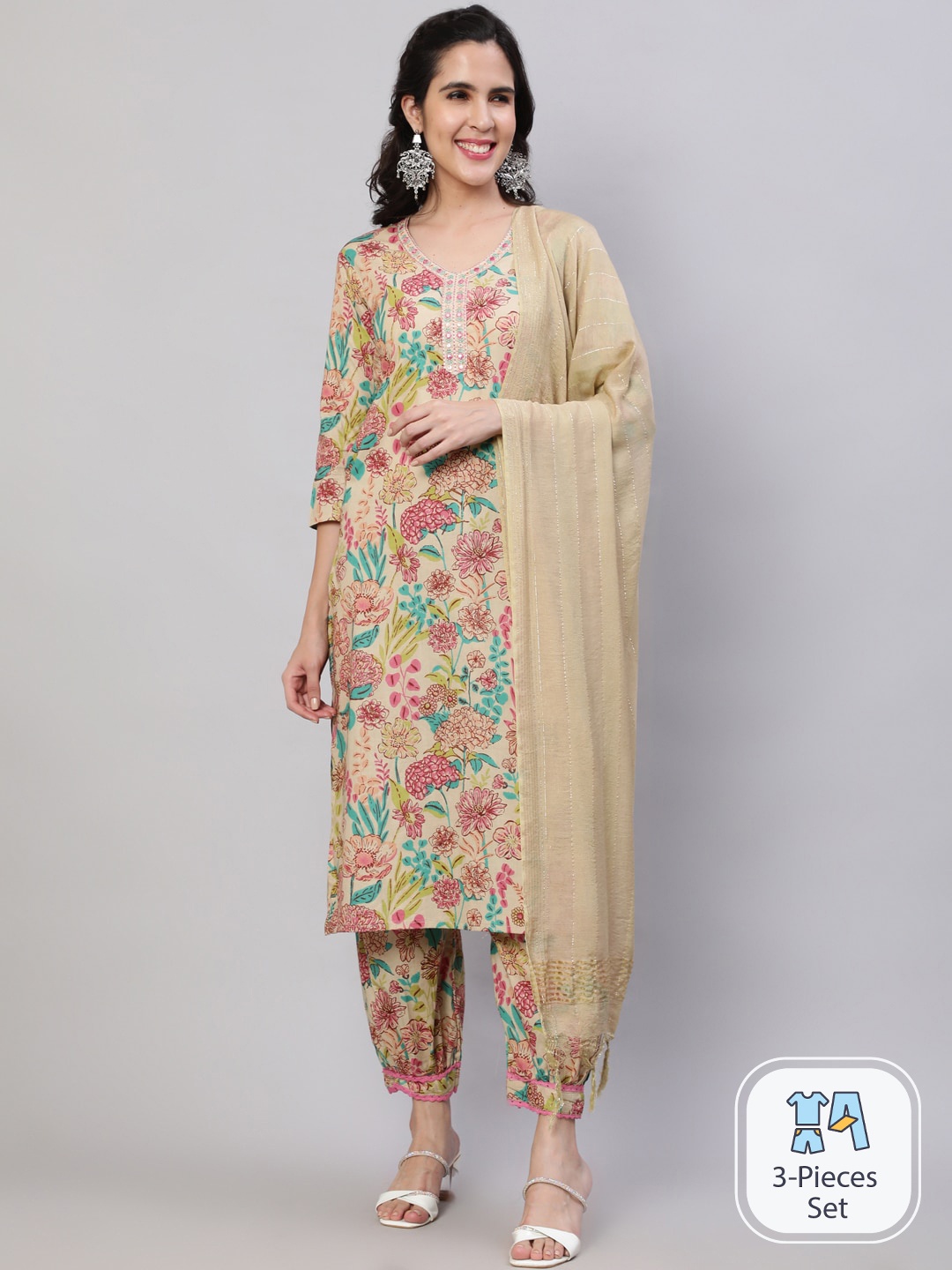 

SAABHI Floral Printed Mirror Work Pure Cotton Kurta With Palazzos & Dupatta, Cream