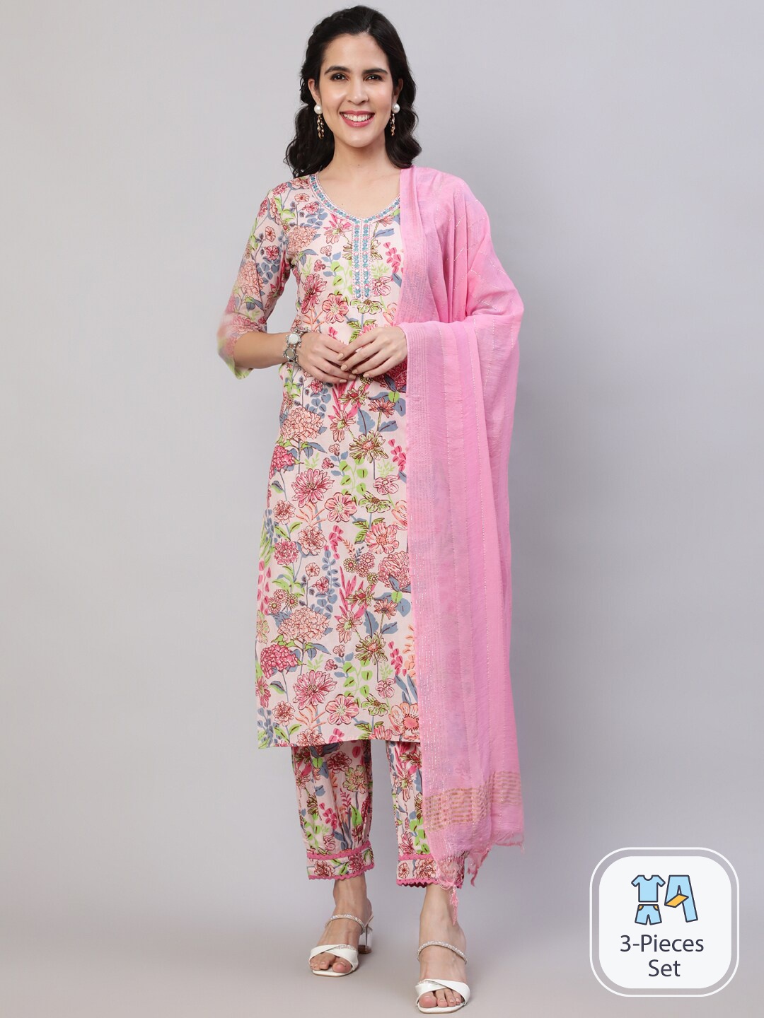 SAABHI Floral Printed Regular Thread Work Pure Cotton Kurta with Palazzos & With Dupatta, Pink