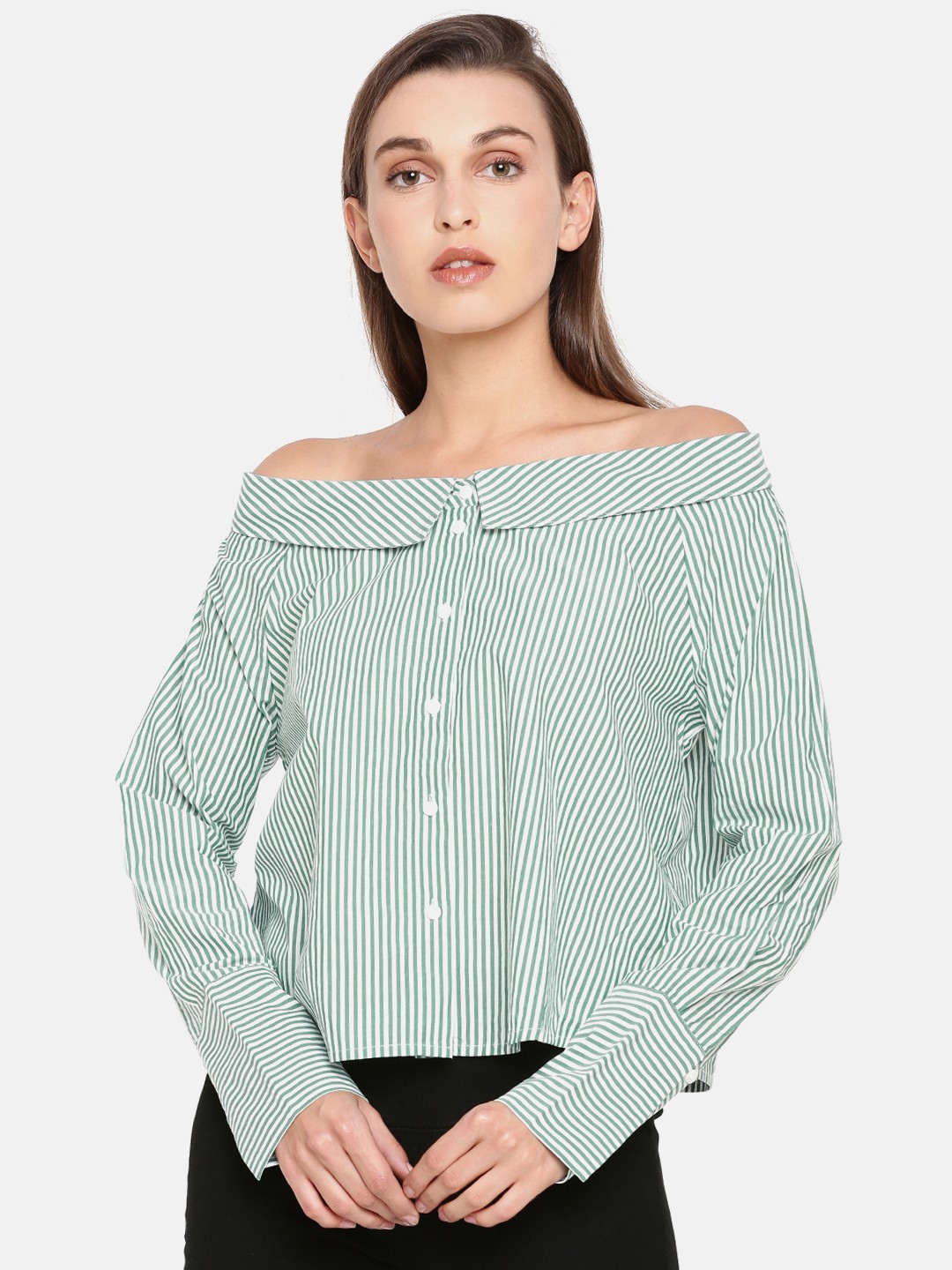 

ONLY Women White & Green Regular Fit Striped Casual Shirt
