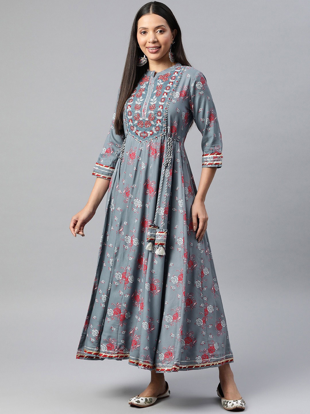

Readiprint Floral Embroidered Fit & Flare Maxi Ethnic Dress, Grey