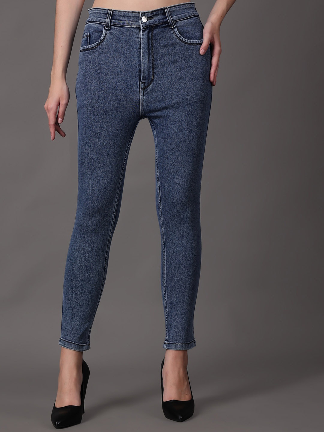 

POMPOUS Women Slim Fit High-Rise Clean Look Stretchable Jeans, Grey