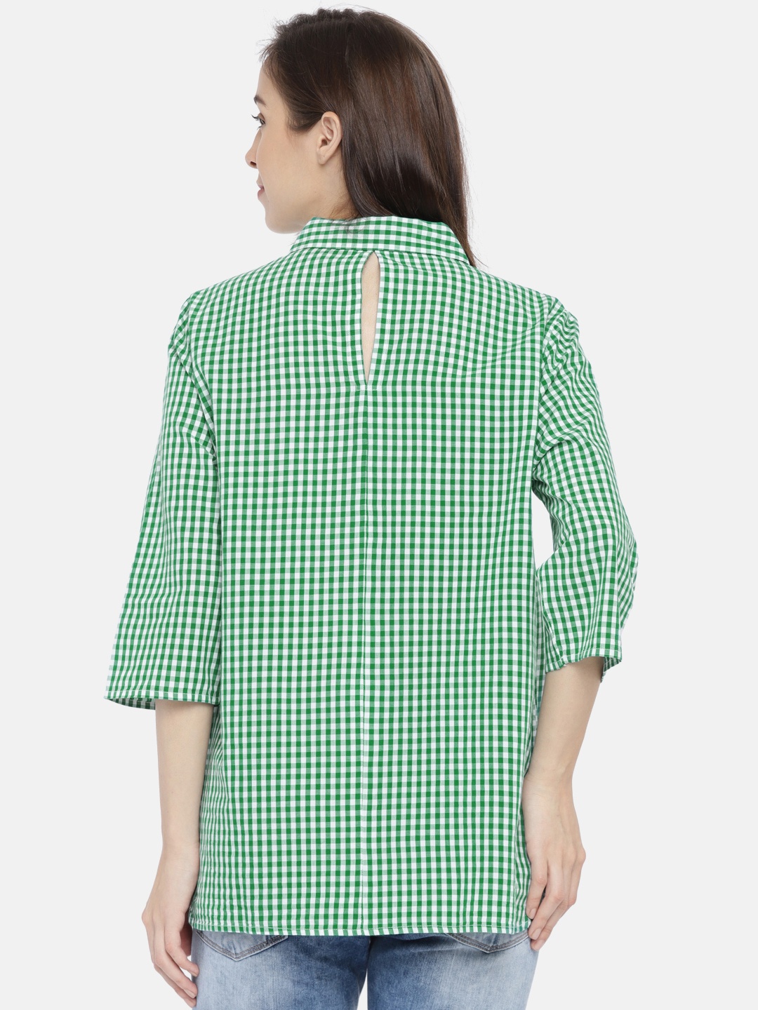 

ONLY Women Green & White Regular Fit Checked Casual Shirt