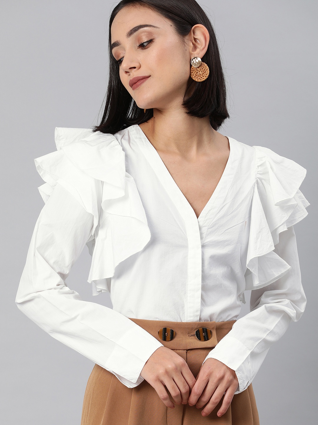 

ONLY Women White Solid Shirt Style Top with Ruffles