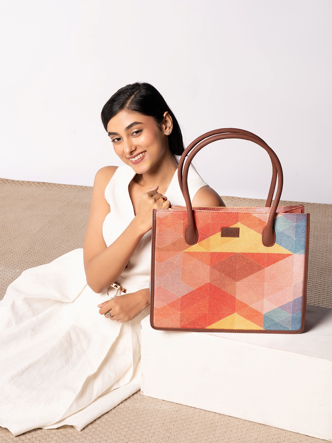 

ZOUK Geometric Printed Structured Tote Bag, Orange