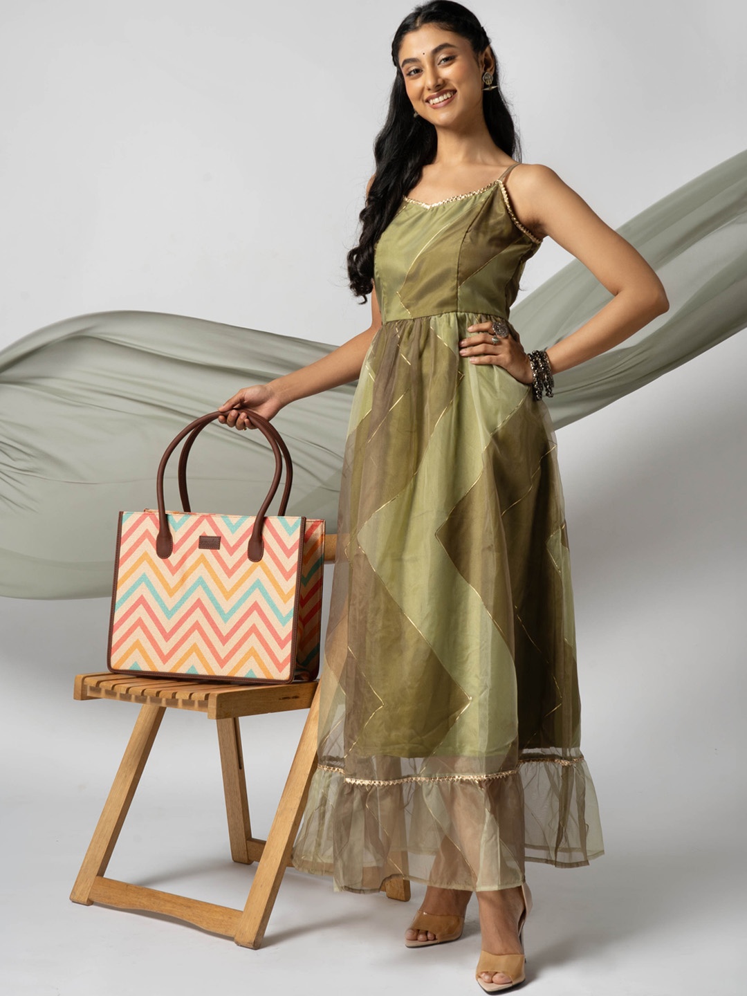 

ZOUK Chevron Printed Oversized Shopper Jute Tote Bag, Cream