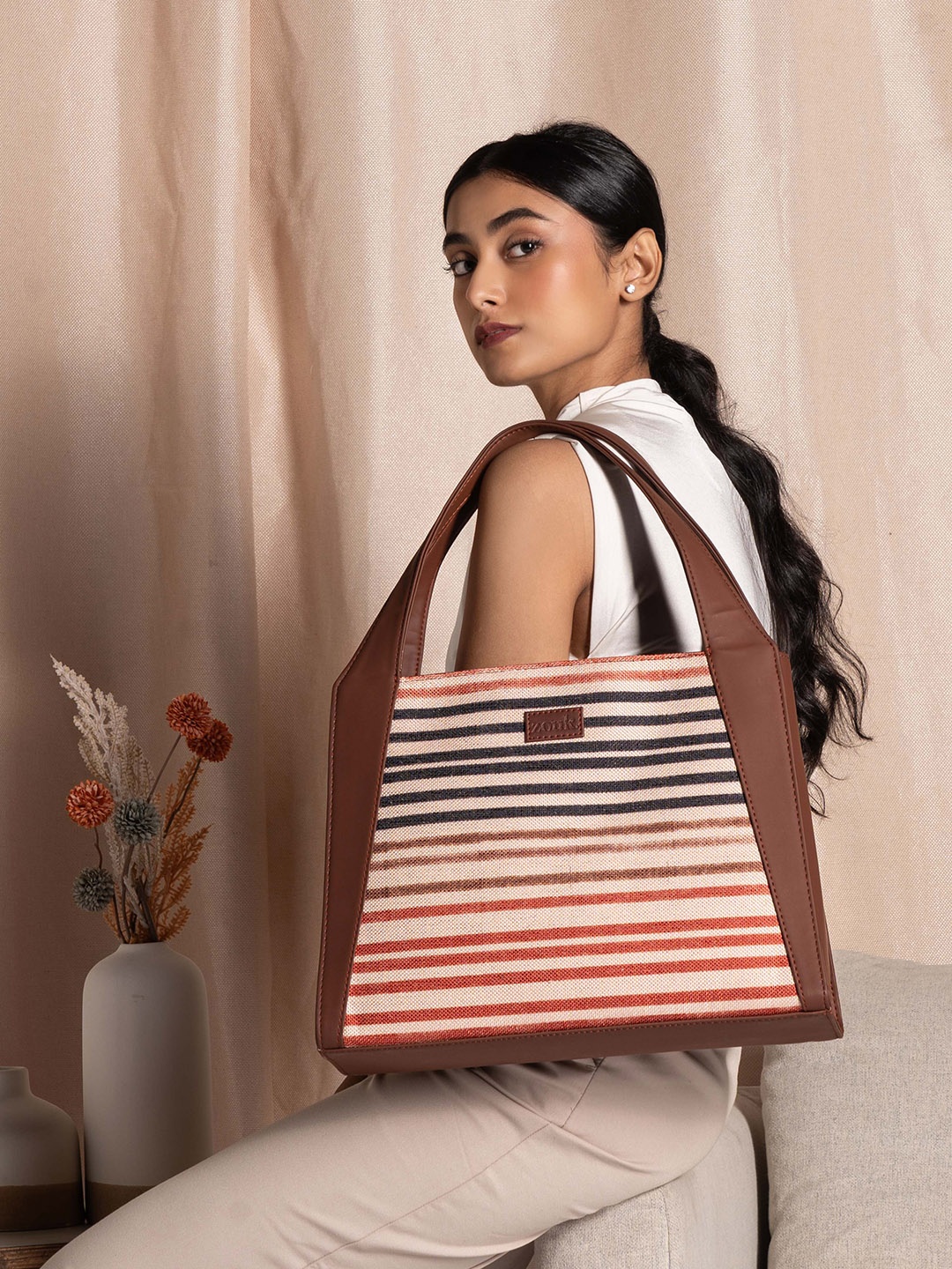 ZOUK Striped Oversized Structured Jute Shoulder Bag, Cream