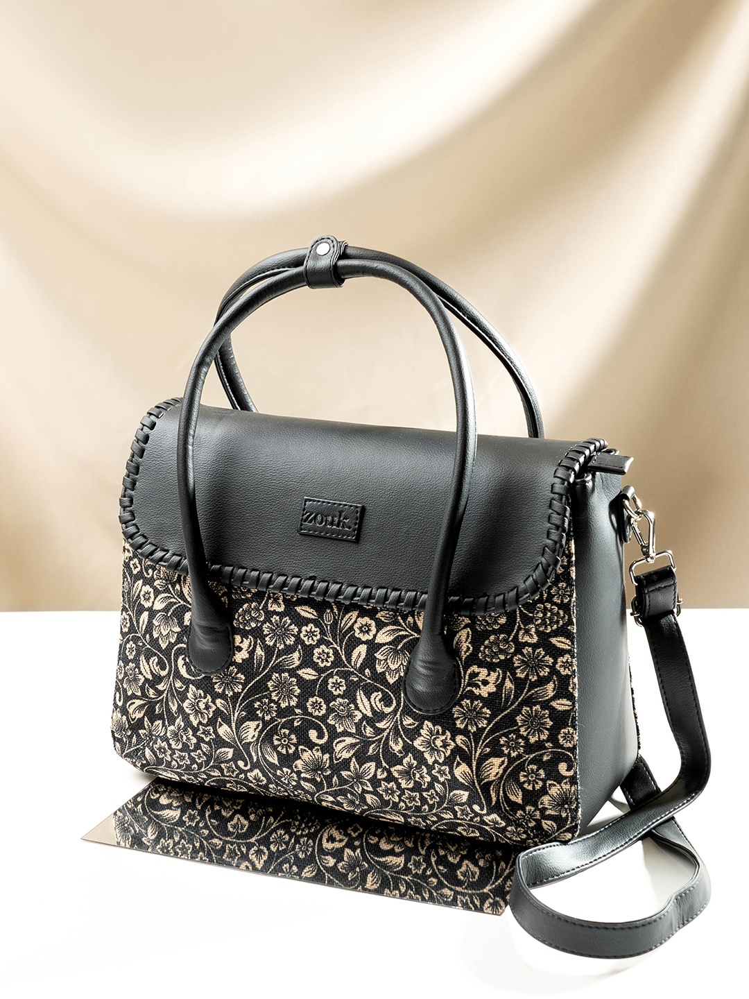 

ZOUK Floral Printed Oversized Structured Jute Handheld Bag, Black