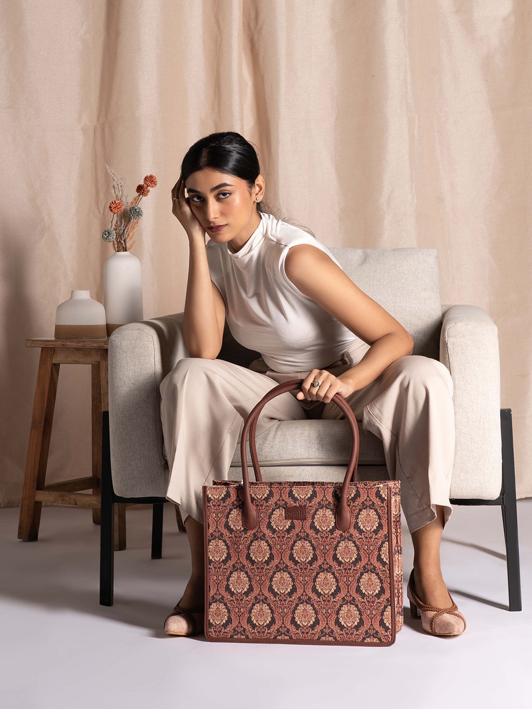 

ZOUK Ethnic Motifs Printed Shopper Jute Handheld Bag, Brown