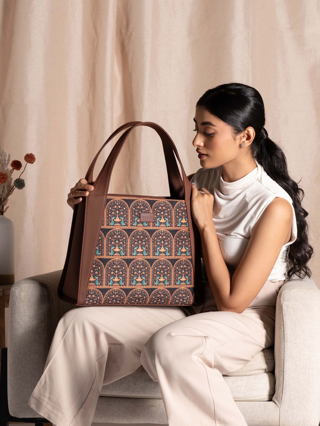 ZOUK Ethnic Motifs Printed Structured Jute Handheld Bag, Brown