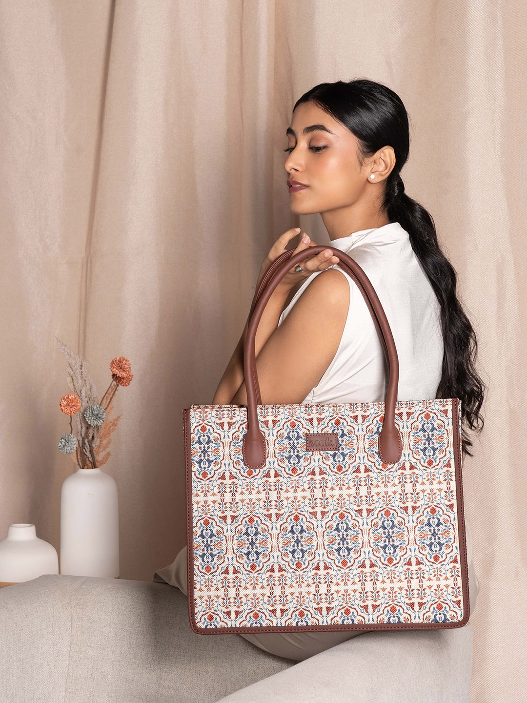 

ZOUK Ethnic Motifs Structured Handheld Bag, White