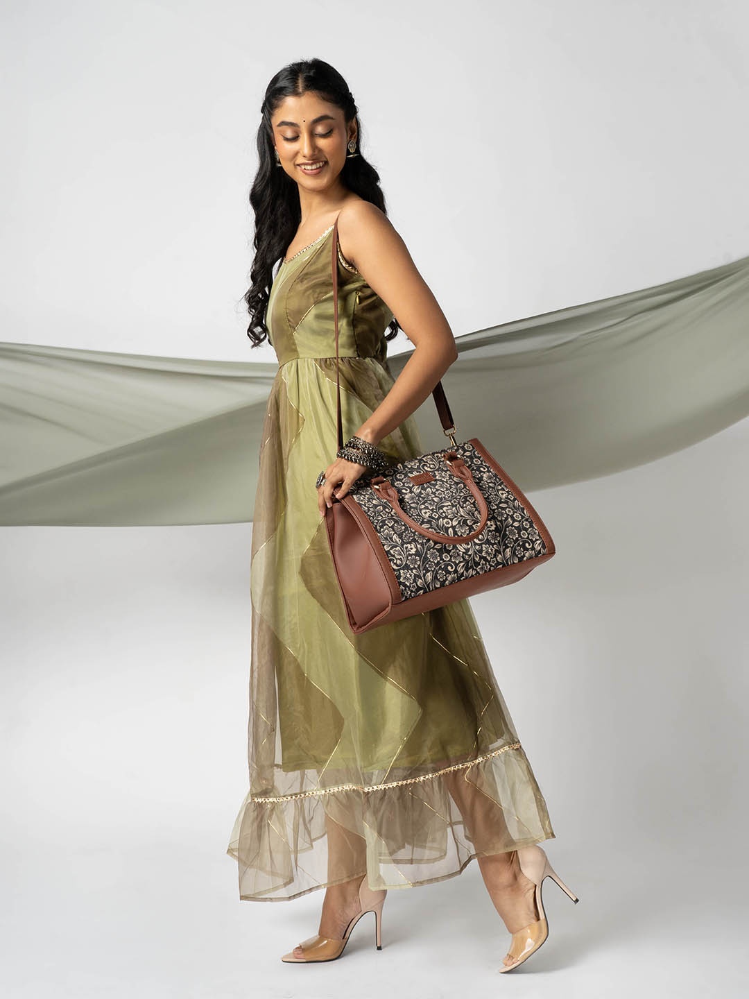 ZOUK =Floral Printed Structured Jute Handheld Bag, Black