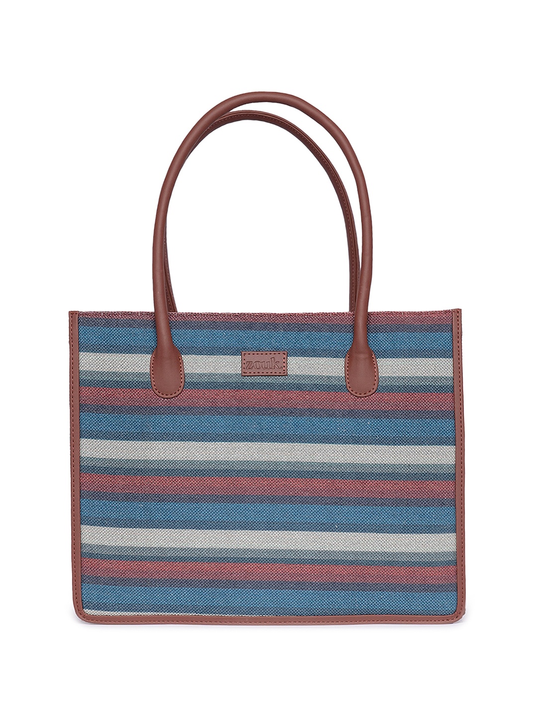 

ZOUK Mysore Mosaic Striped Structured Jute Tote Bag, Brown