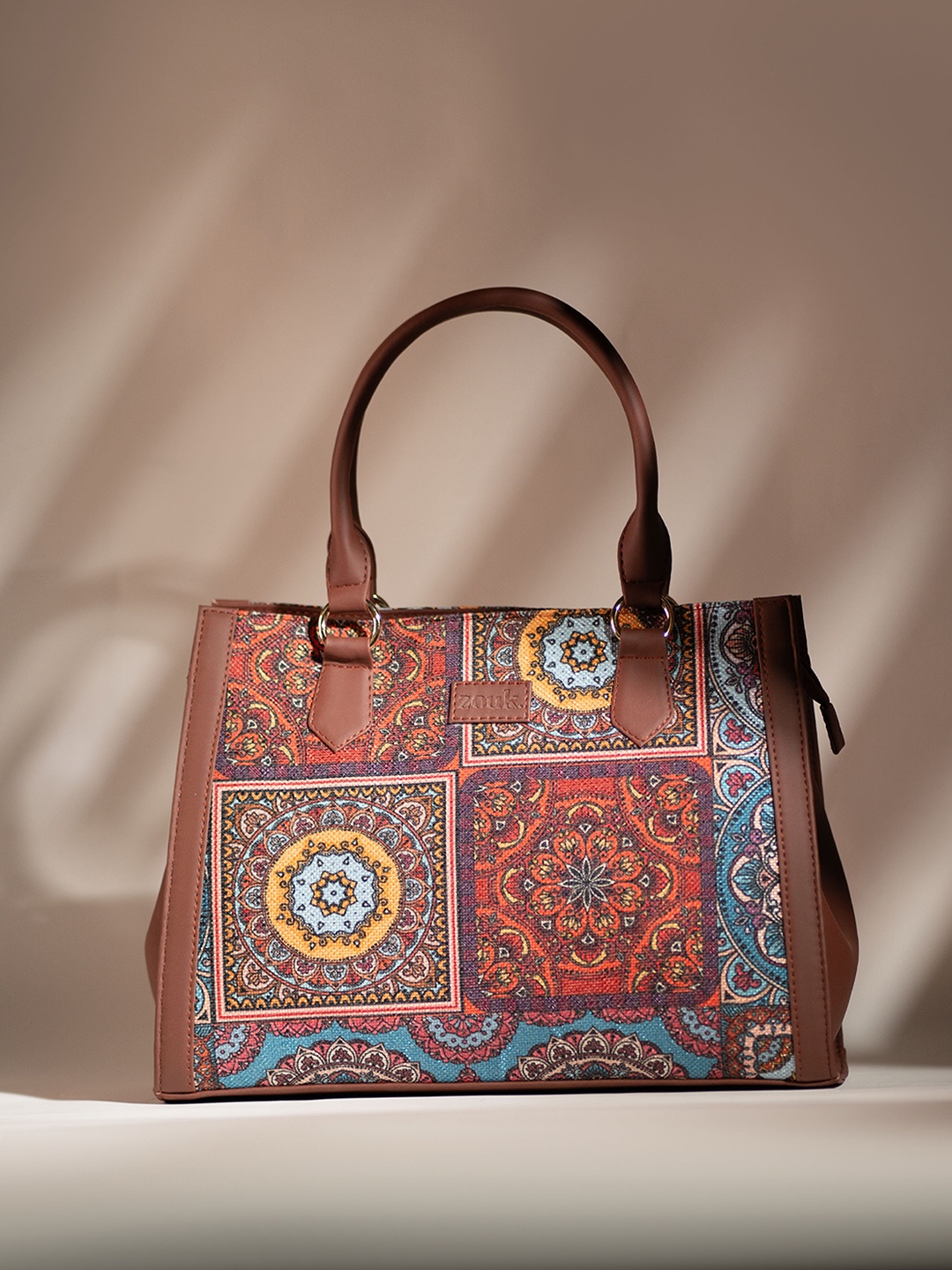 

ZOUK Ethnic Motifs Printed Structured Jute Handheld Bag, Brown