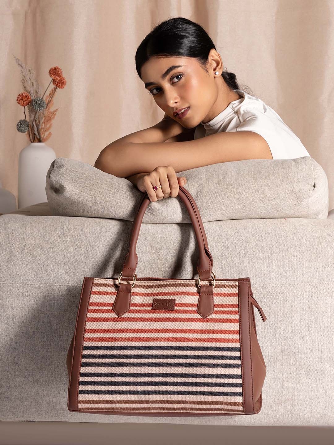 ZOUK Striped Oversized Structured Jute Shoulder Bag, Beige