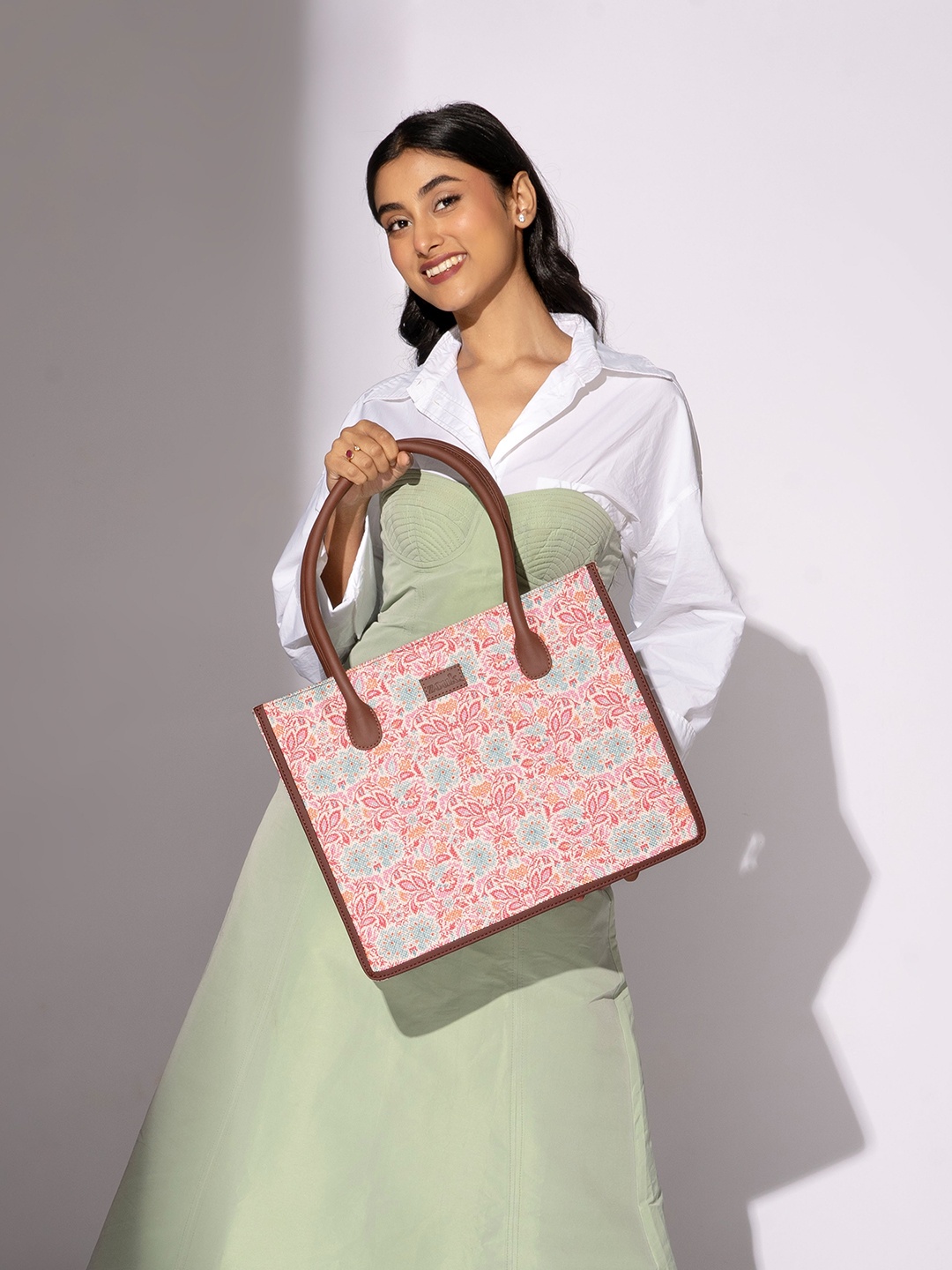 ZOUK Floral Printed Structured Tote Bag, Pink