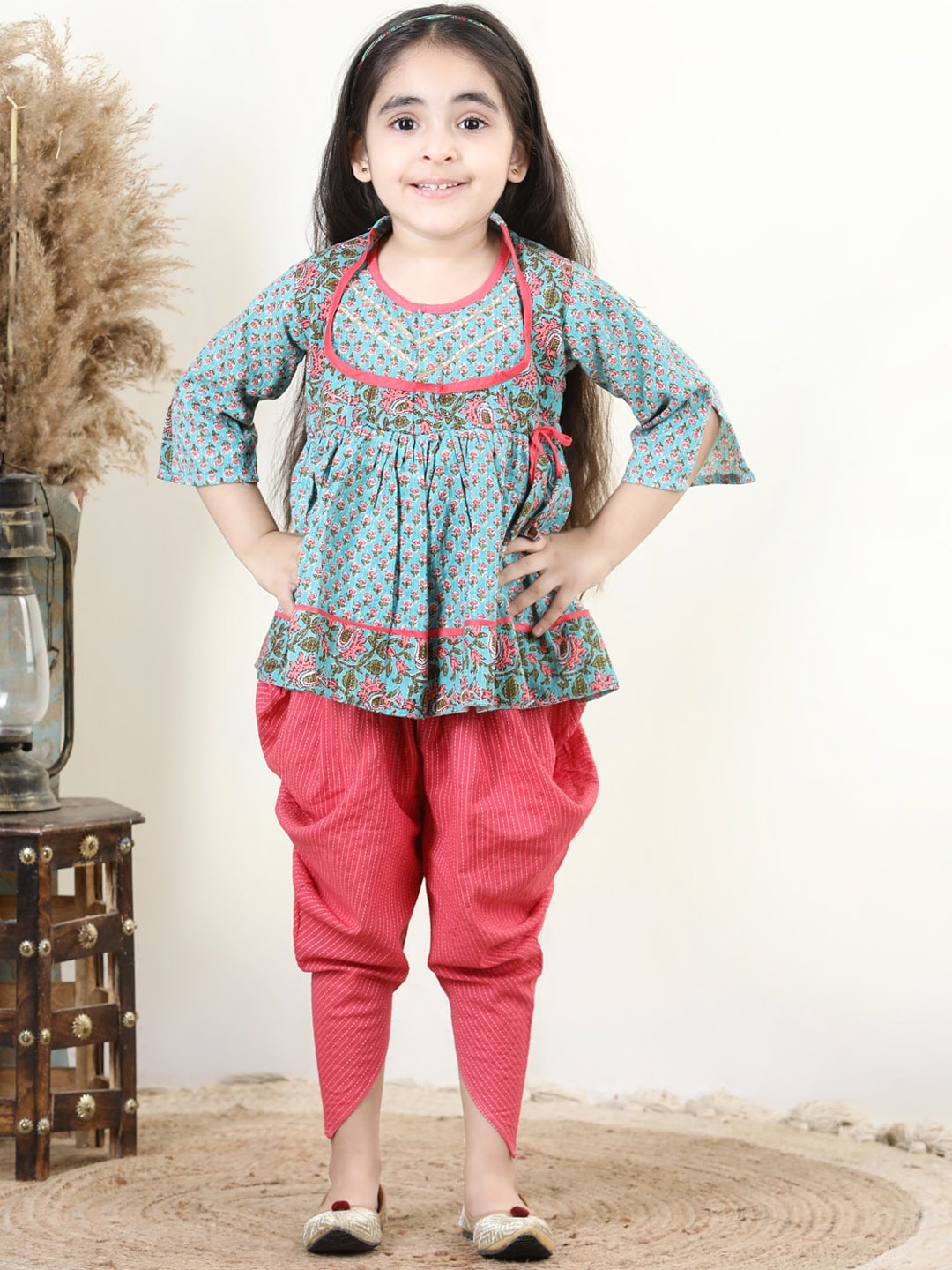 

Here&Now X Kinder Kids Girls Floral Printed Angrakha A-Line Pure Cotton Kurti with Dhoti Pants, Blue