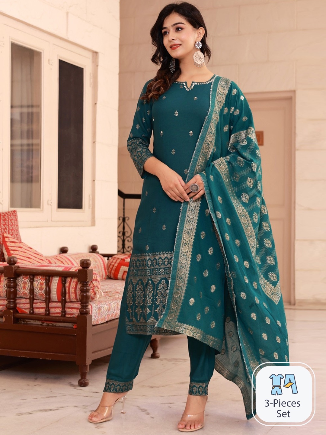 Ramas Floral Woven Design Mirror Work Kurta with Trousers & Dupatta, Green