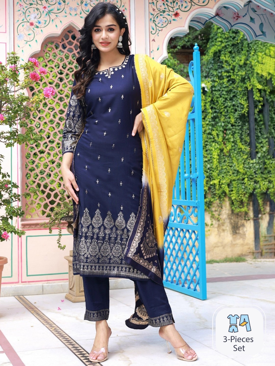 

Ramas Floral Printed Straight Kurta with Trousers & Dupatta, Navy blue