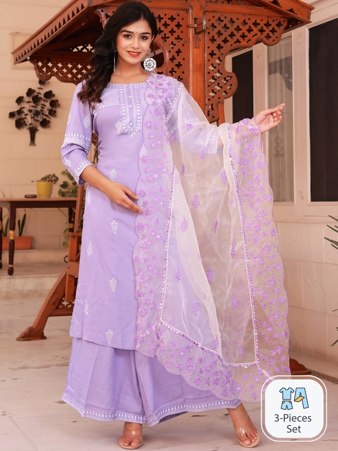 

Ramas Ethnic Motifs Embroidered Pure Cotton Kurta with Palazzos & With, Lavender