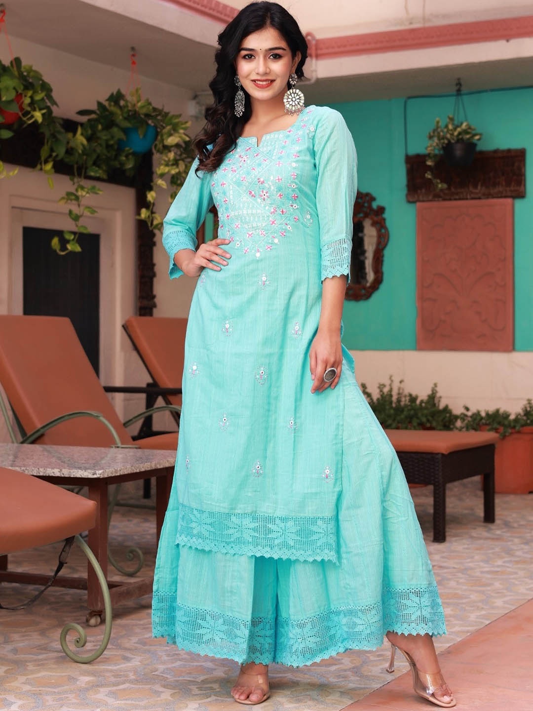 

Ramas Ethnic Motifs Embroidered Pure Cotton Kurta with Sharara, Turquoise blue