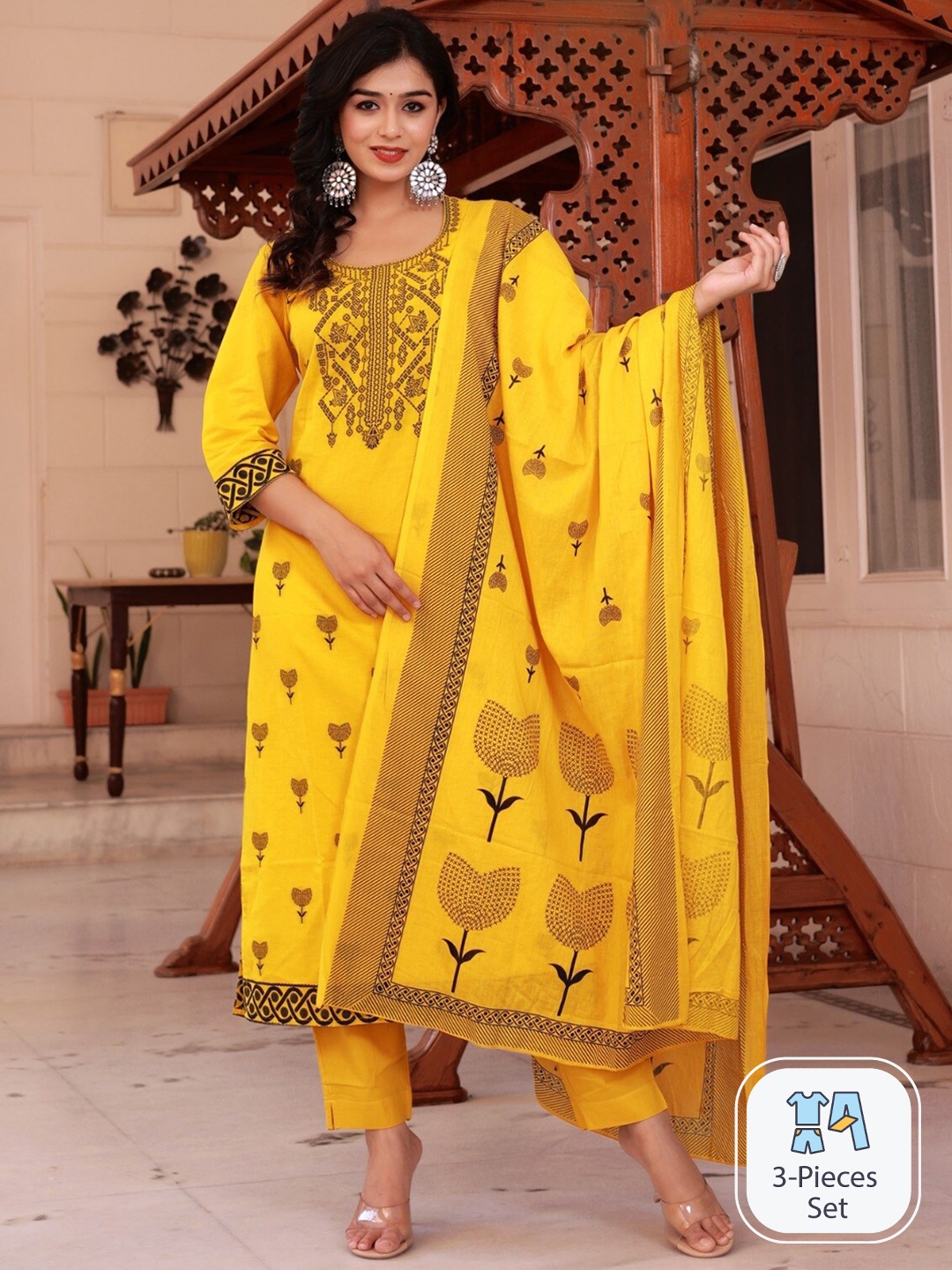 

Ramas Ethnic Motifs Embroidered Pure Cotton Kurta With Trousers & Dupatta, Yellow
