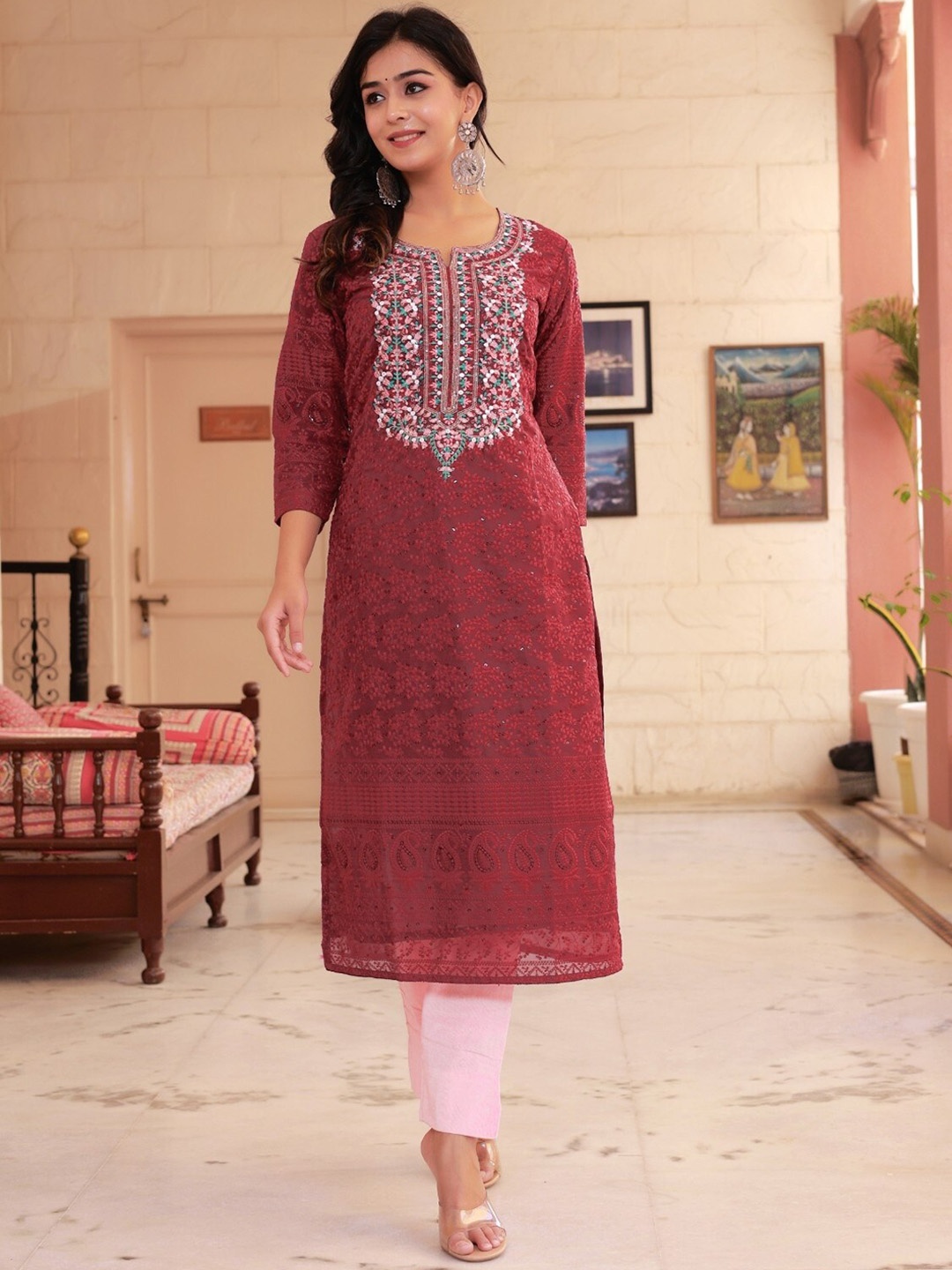 

Ramas Women Burgundy Ethnic Motifs Embroidered Thread Work Georgette Kurta