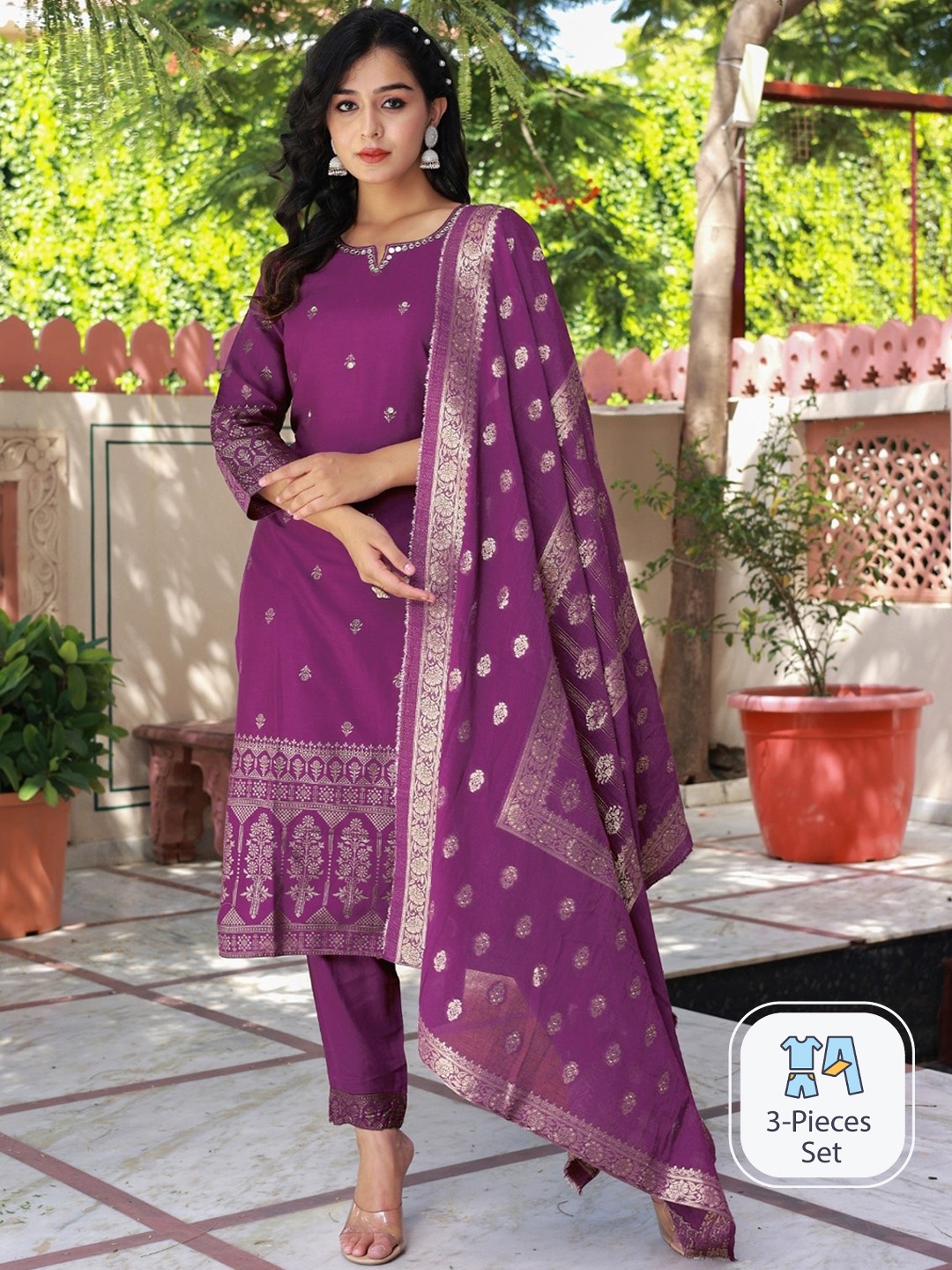 

Ramas Floral Printed Mirror Work Kurta with Trousers & Dupatta, Purple