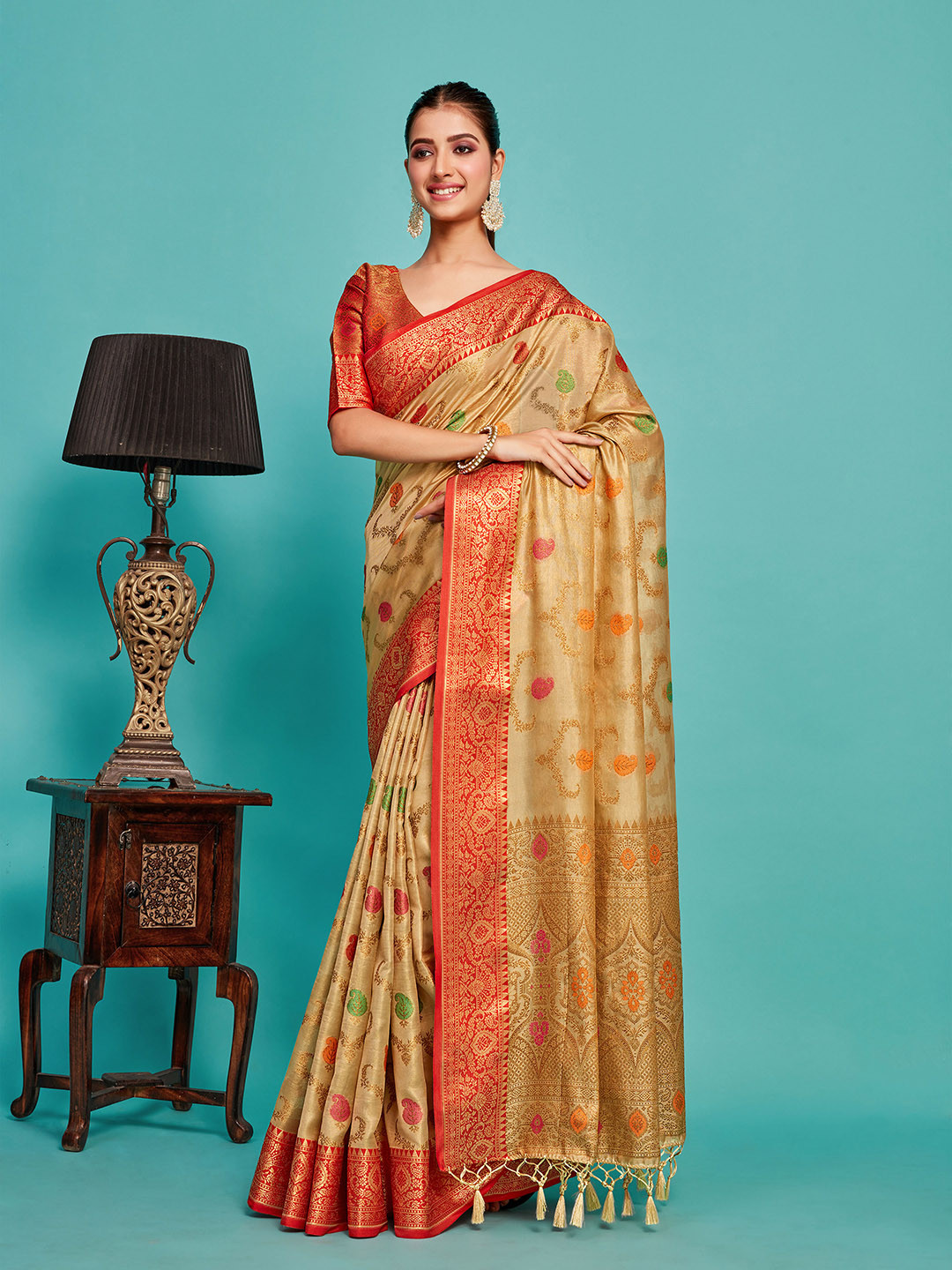 

MIMOSA Paisley Woven Design Zari Banarasi Saree, Brown