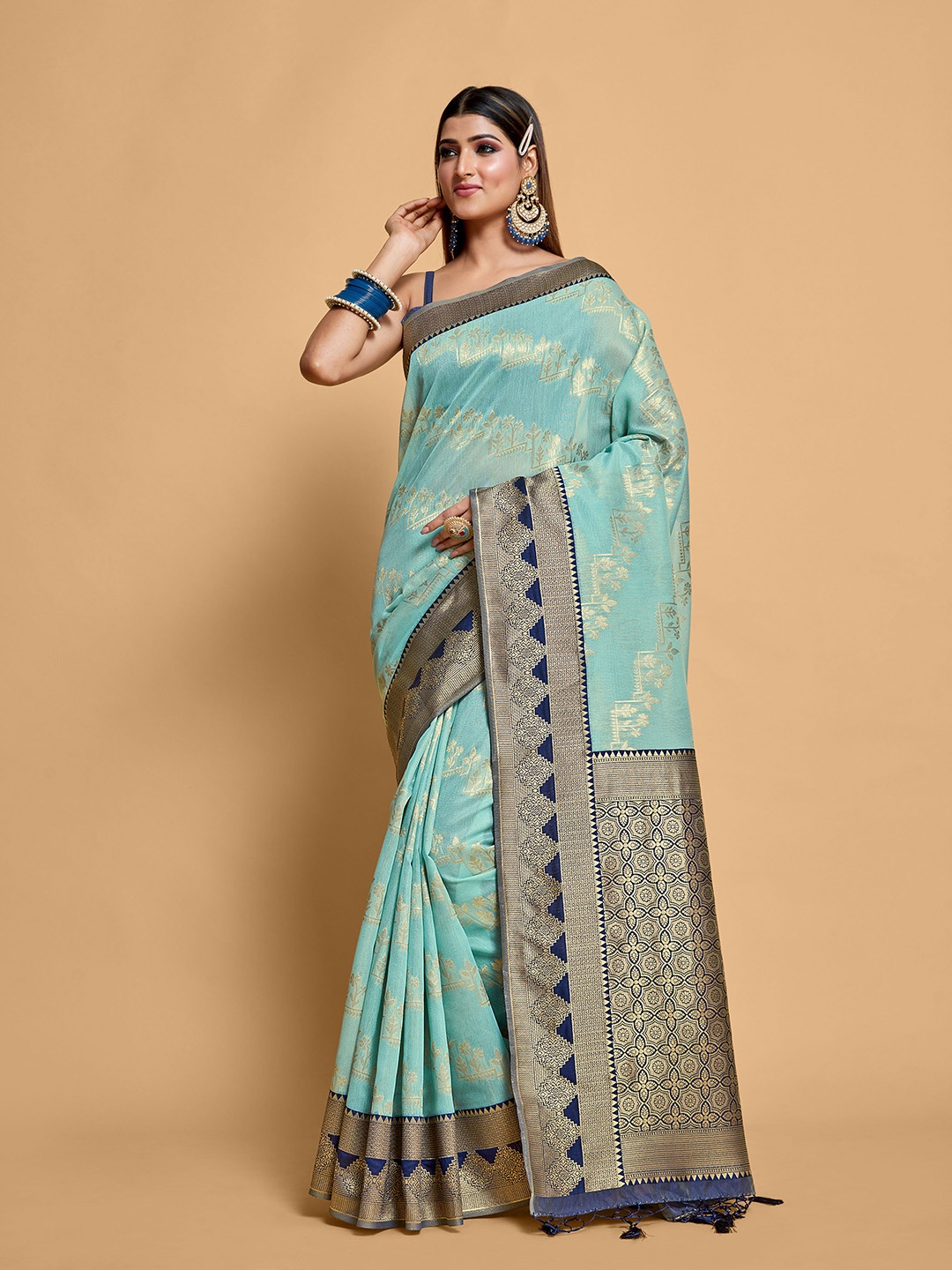 

MIMOSA Woven Design Zari Kanjeevaram Saree, Turquoise blue