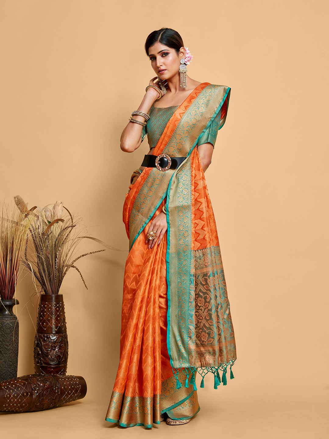 

MIMOSA Woven Design Zari Art Silk Kanjeevaram Saree, Orange