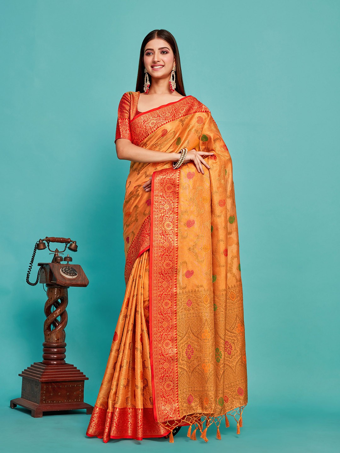 

MIMOSA Woven Design Zari Art Silk Banarasi Saree, Orange