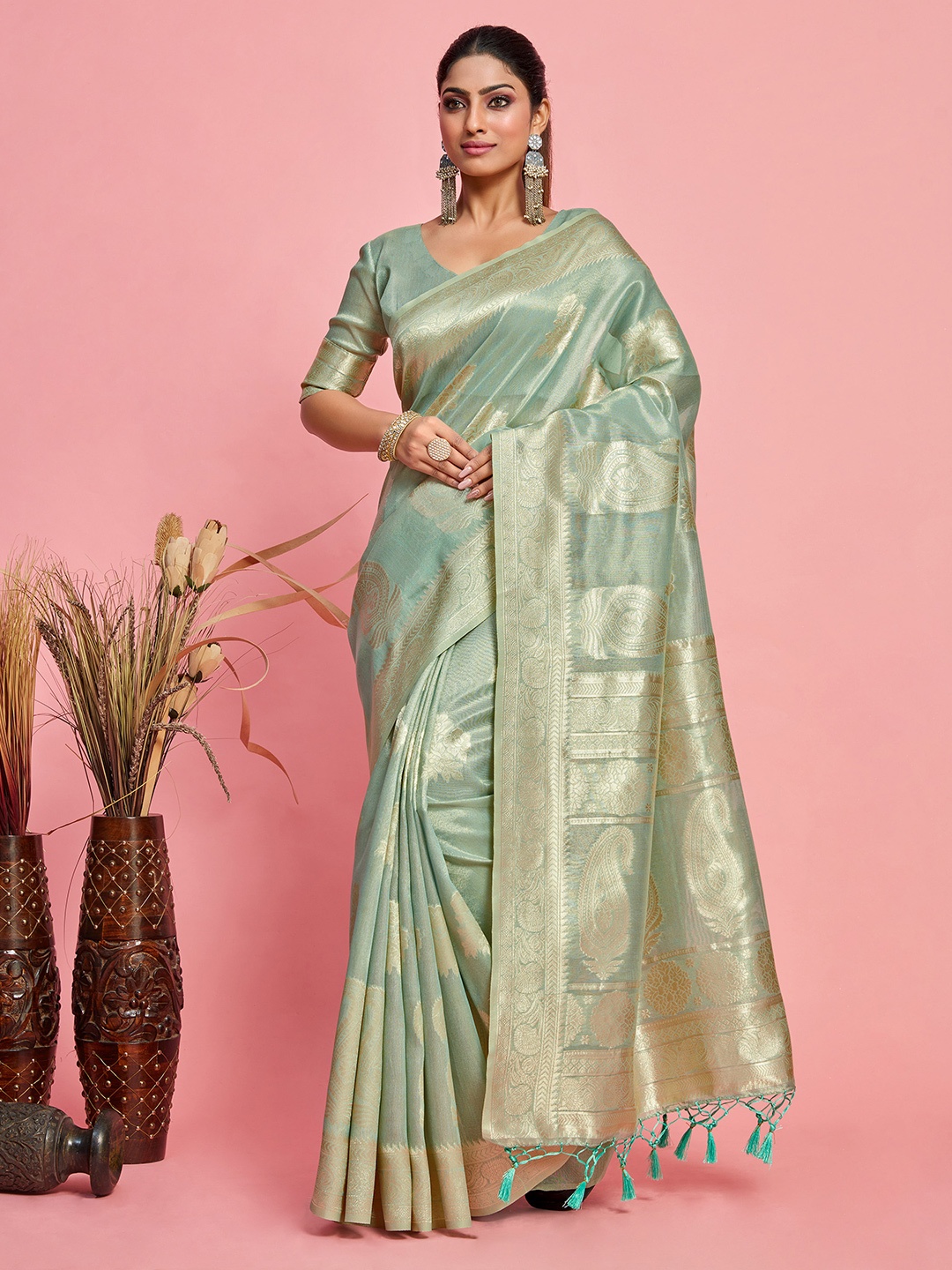 

MIMOSA Paisley Woven Design Zari Art Silk Banarasi Saree, Green