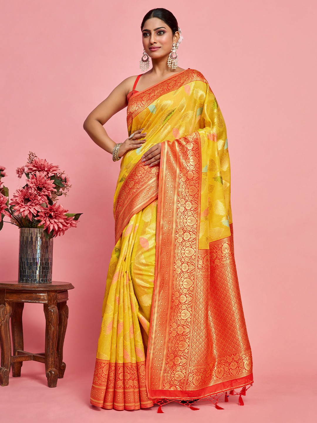 

MIMOSA Floral Woven Design Zari Kanjeevaram Saree, Yellow