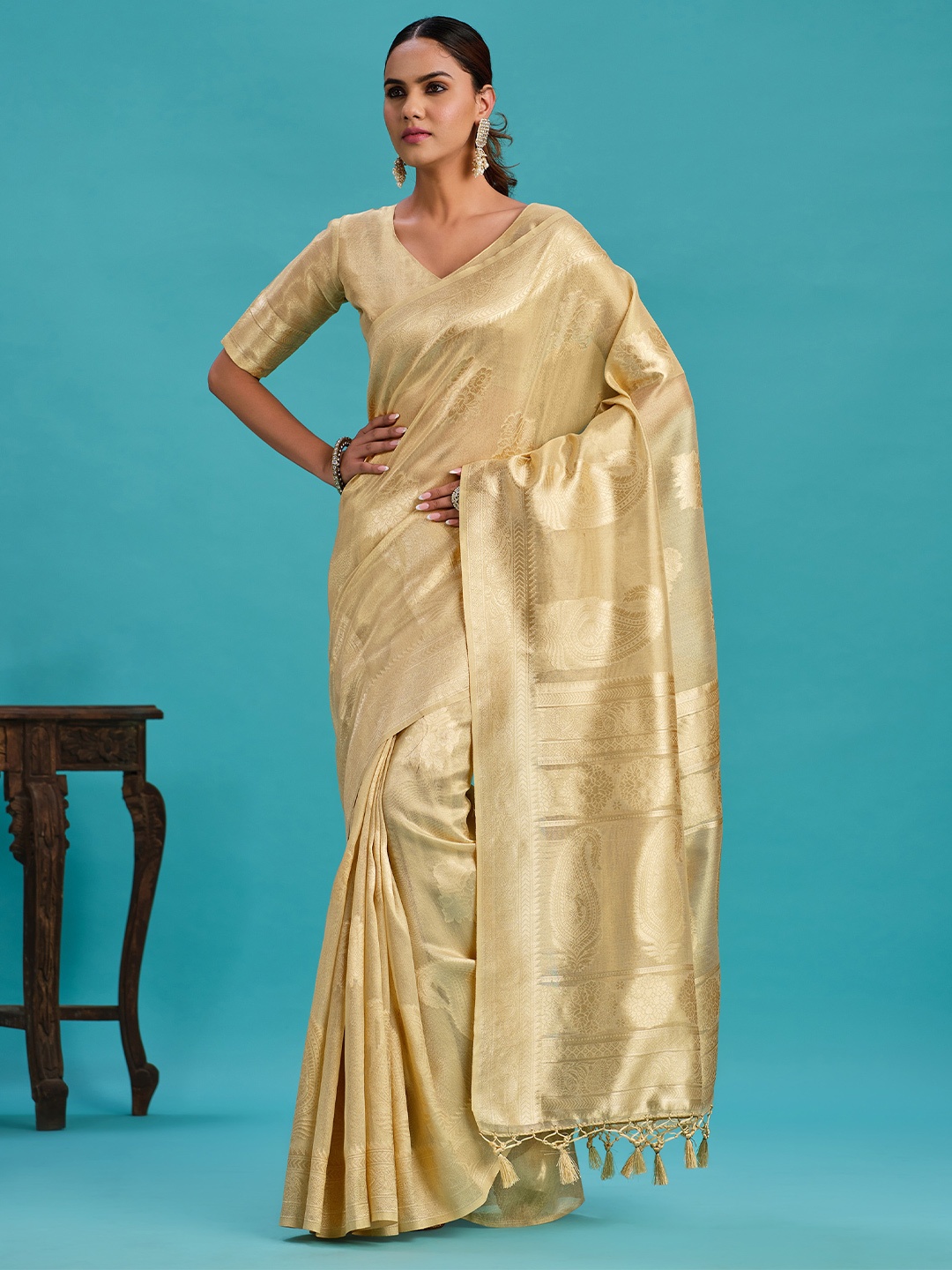 

MIMOSA Paisley Woven Design Zari Art Silk Banarasi Saree, Beige