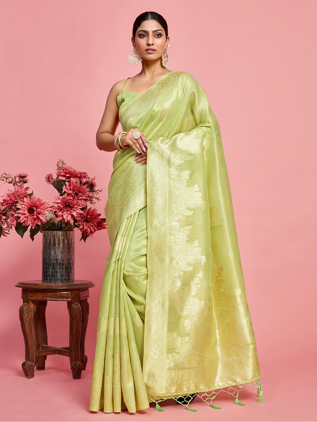 

MIMOSA Floral Woven Design Zari Art Silk Banarasi Saree, Green