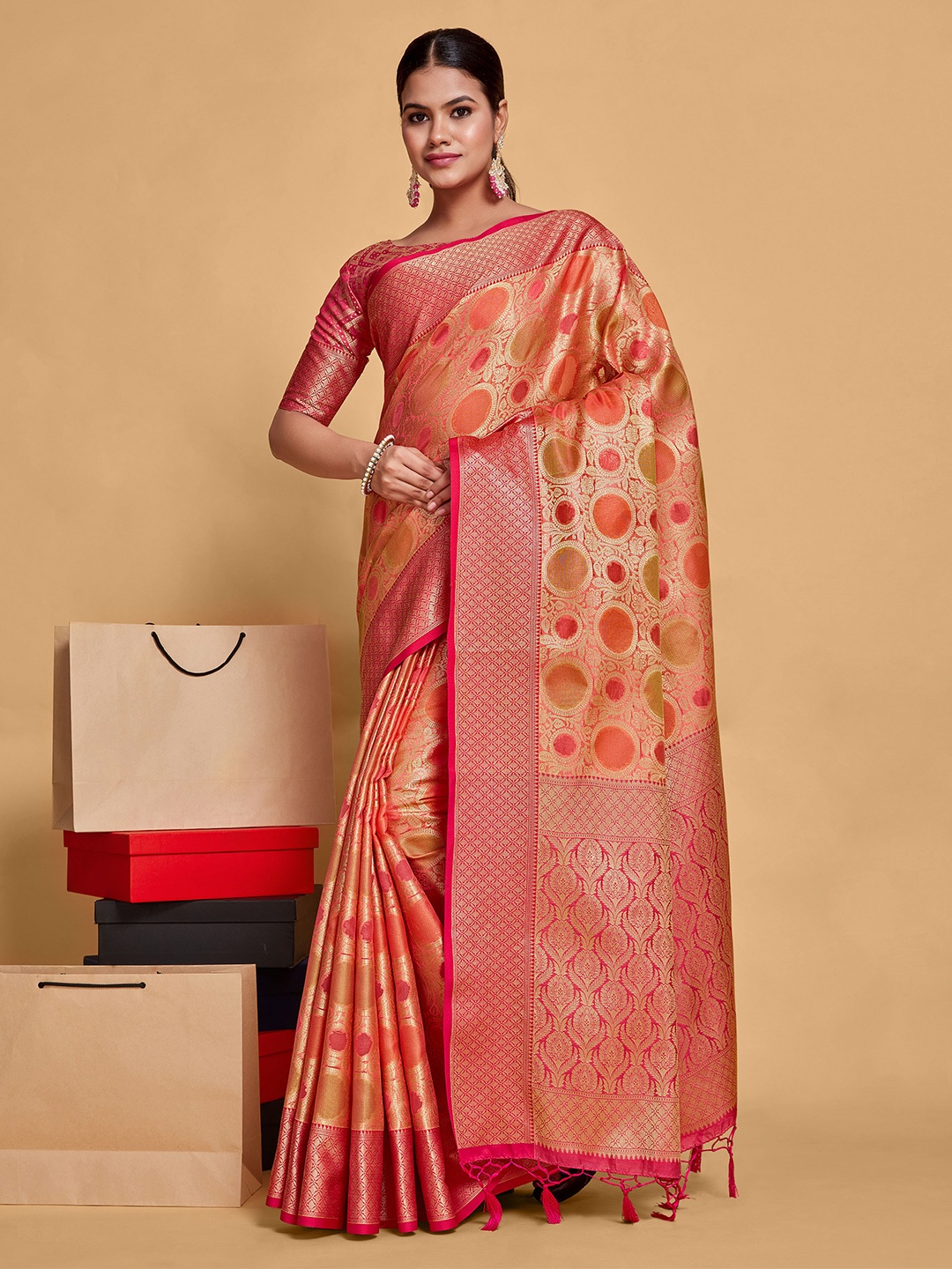 

MIMOSA Geometric Woven Design Zari Art Silk Banarasi Saree, Pink