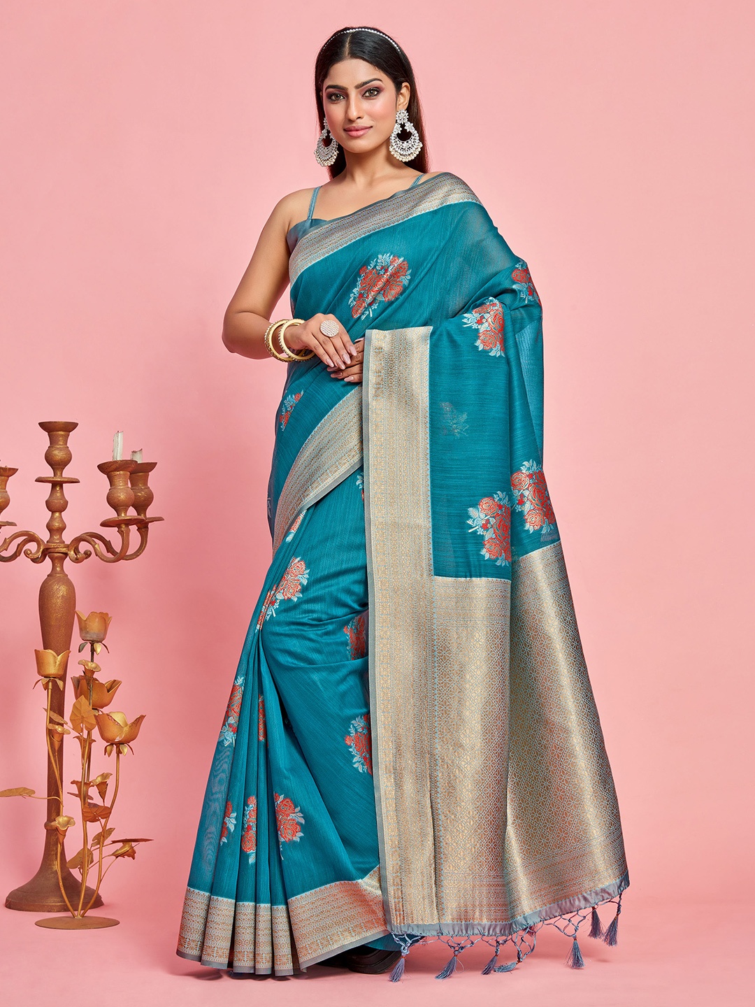 

MIMOSA Floral Woven Design Zari Kanjeevaram Saree, Green