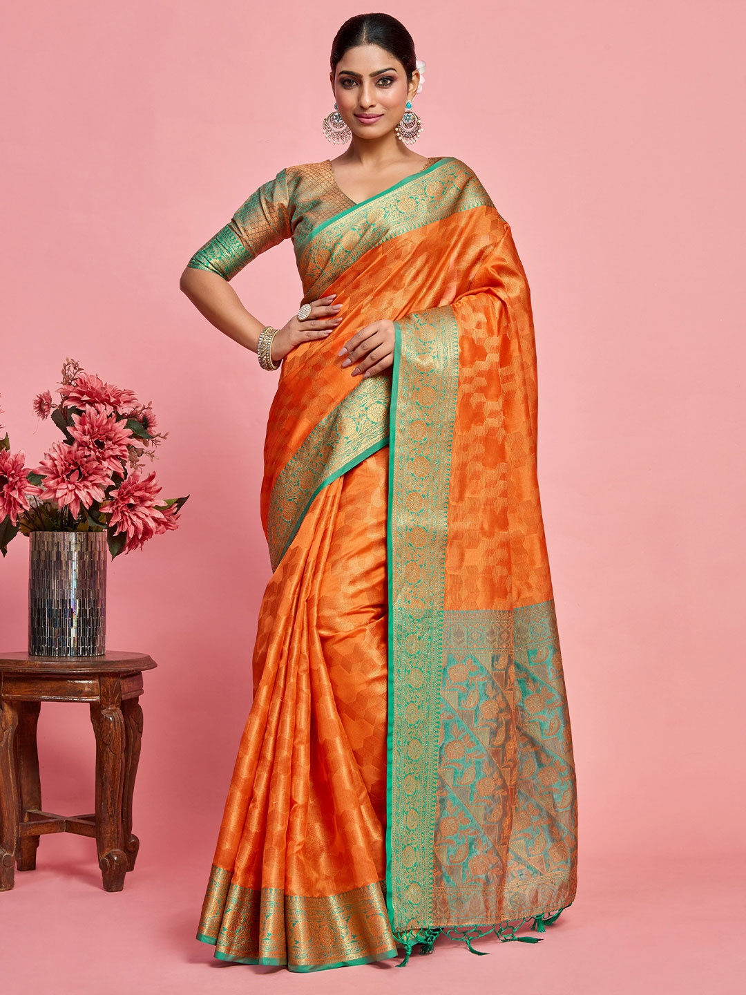 

MIMOSA Floral Woven Design Zari Art Silk Kanjeevaram Saree, Orange