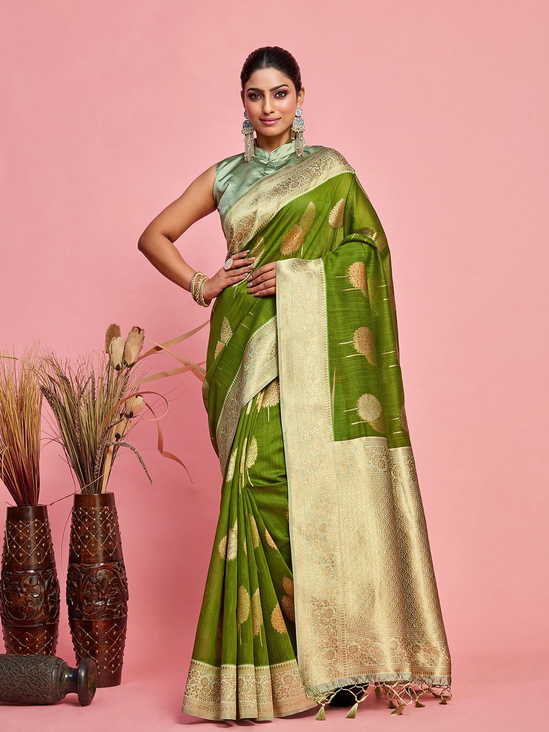 

MIMOSA Floral Woven Design Zari Kanjeevaram Saree, Green