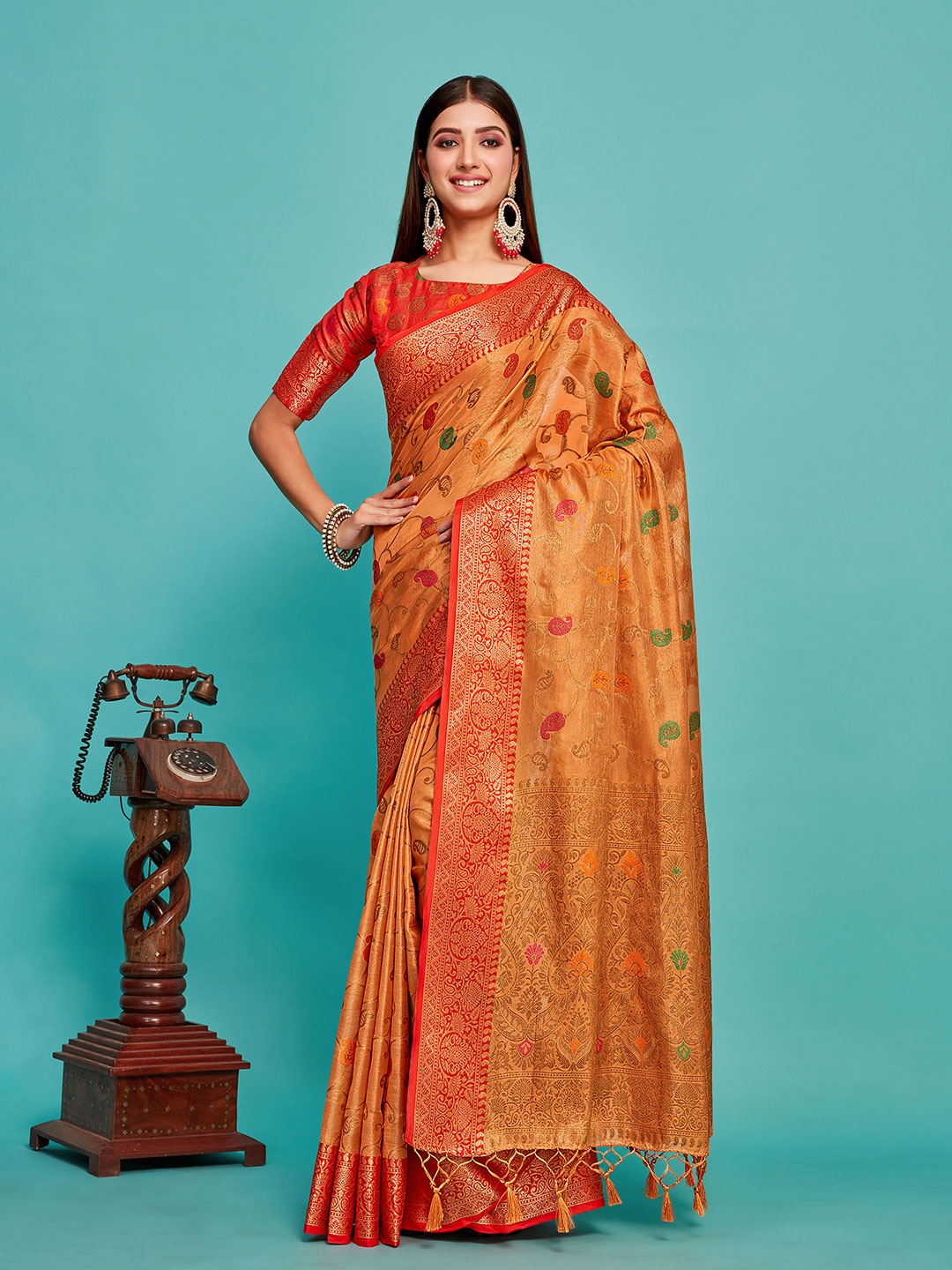 

MIMOSA paisley Woven Design Zari Art Silk Banarasi Saree, Orange