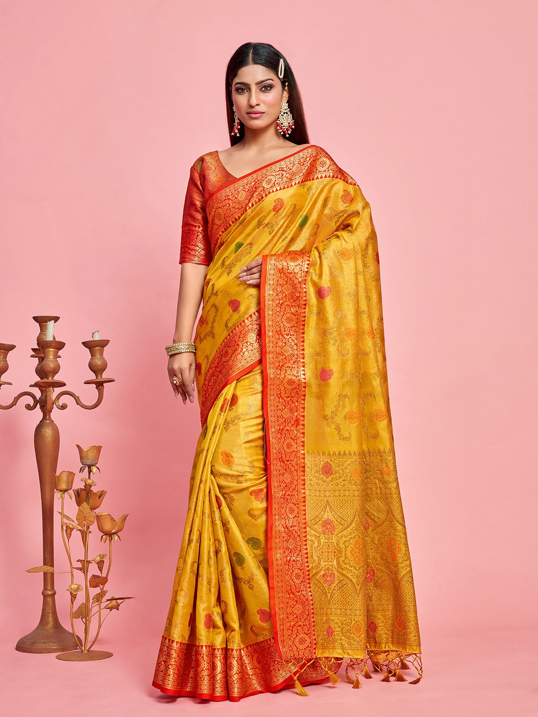 

MIMOSA Ethnic Motifs Woven Design Zari Art Silk Banarasi Saree, Gold