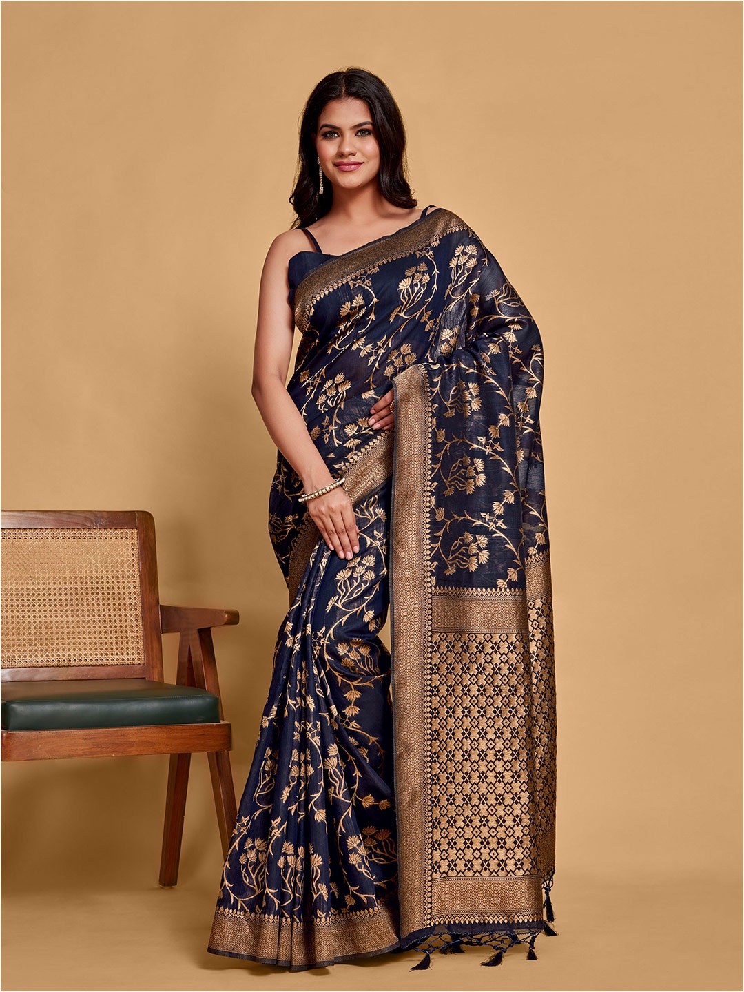 

MIMOSA Floral Woven Design Zari Art Silk Banarasi Saree, Blue