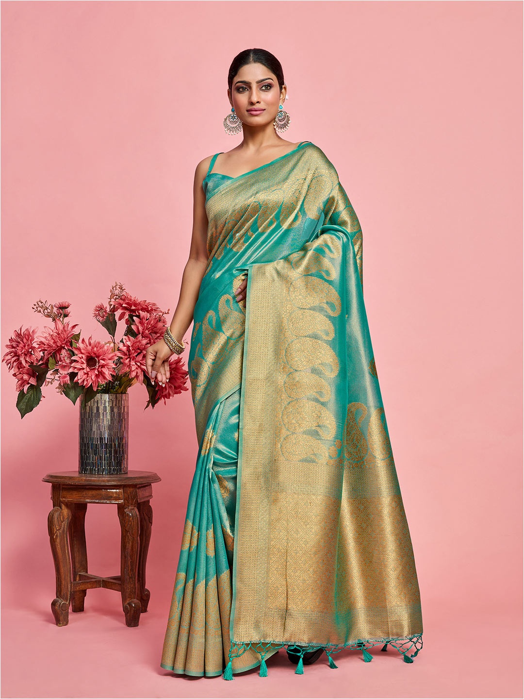 

MIMOSA Ethnic Motifs Woven Design Zari Art Silk Banarasi Saree, Turquoise blue